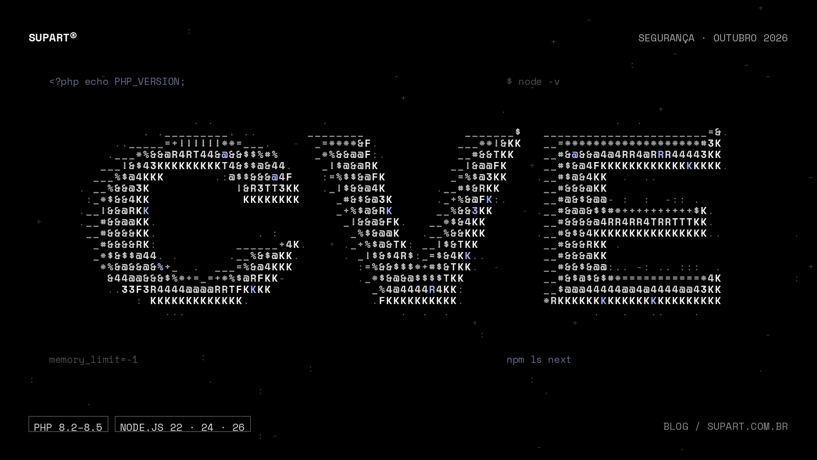 Ilustração em ASCII com as letras CVE em fundo preto, com as etiquetas PHP 8.2–8.5 e Node.js 22, 24 e 26